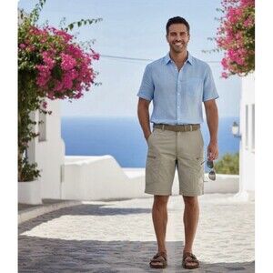 Shallowmu Men's Beige Cargo Shorts Cotton Blend Zip Pockets Outdoor Casual